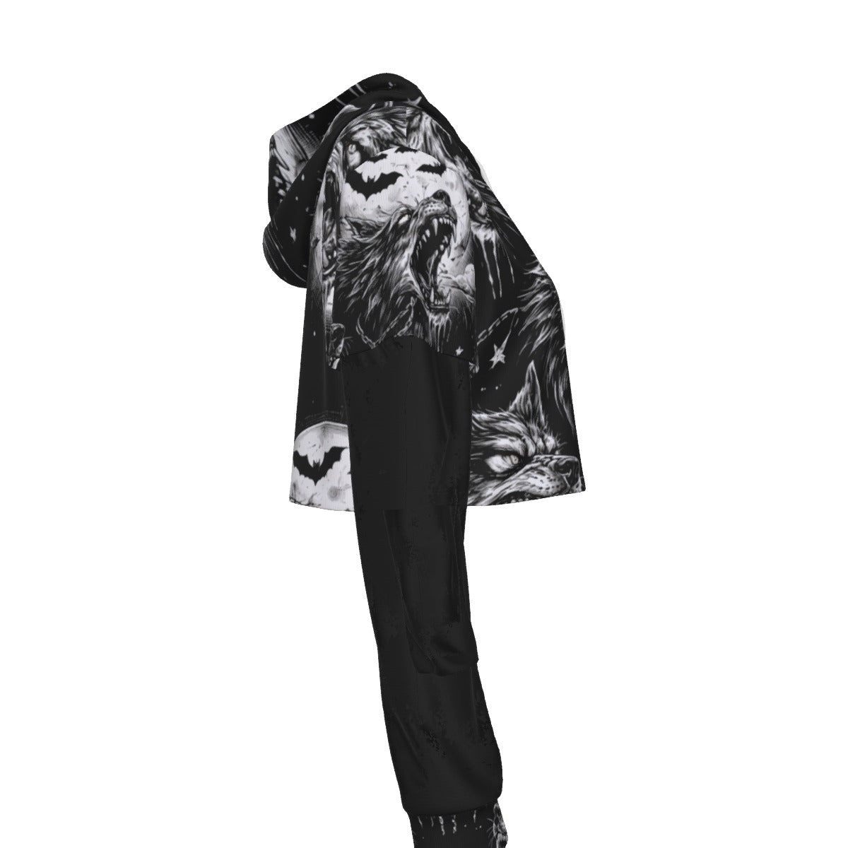 Cursed Wolves Gothic Mesh Sleeve Crop Hoodie