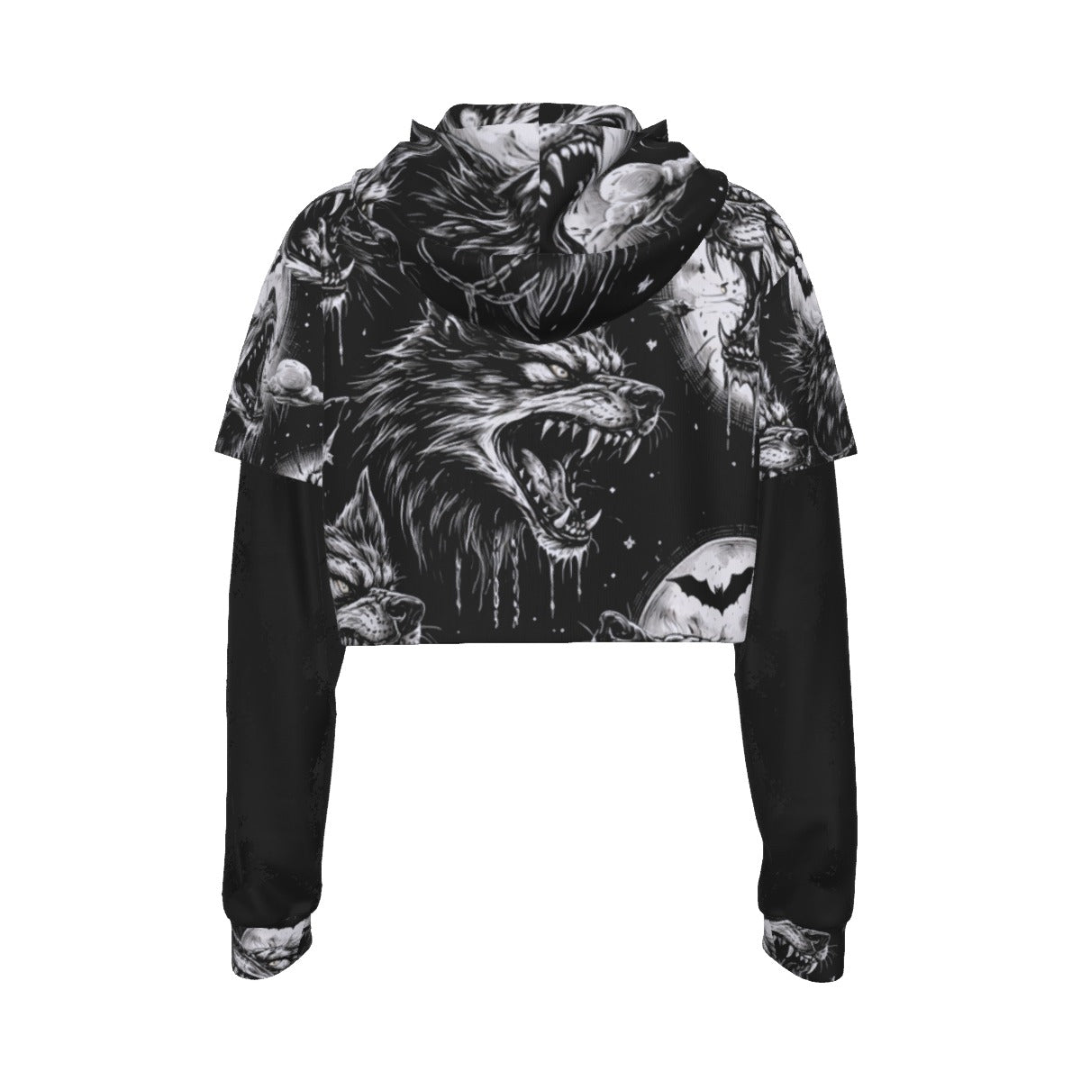 Cursed Wolves Gothic Mesh Sleeve Crop Hoodie