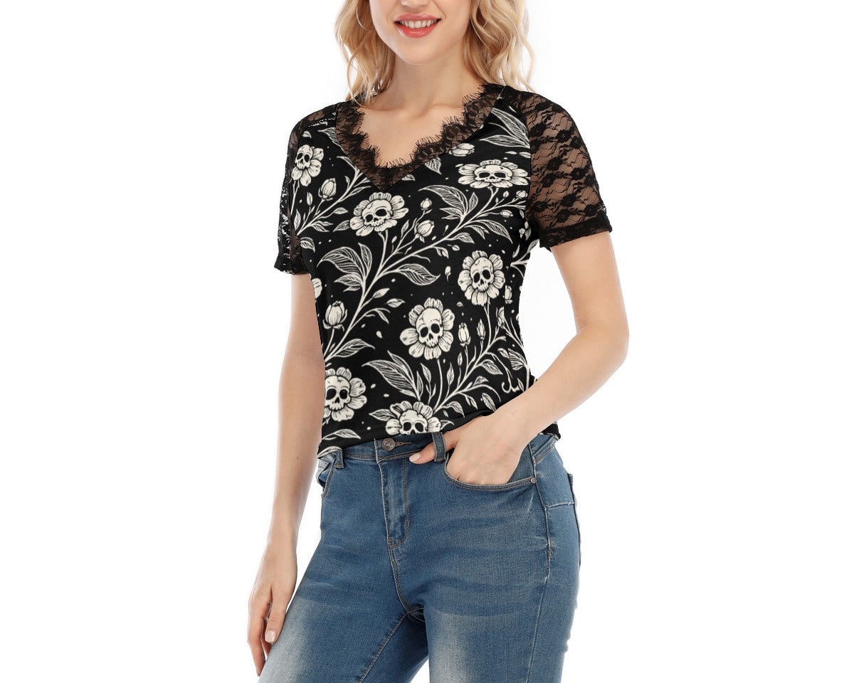 Dark Garden Skull Lace V-Neck