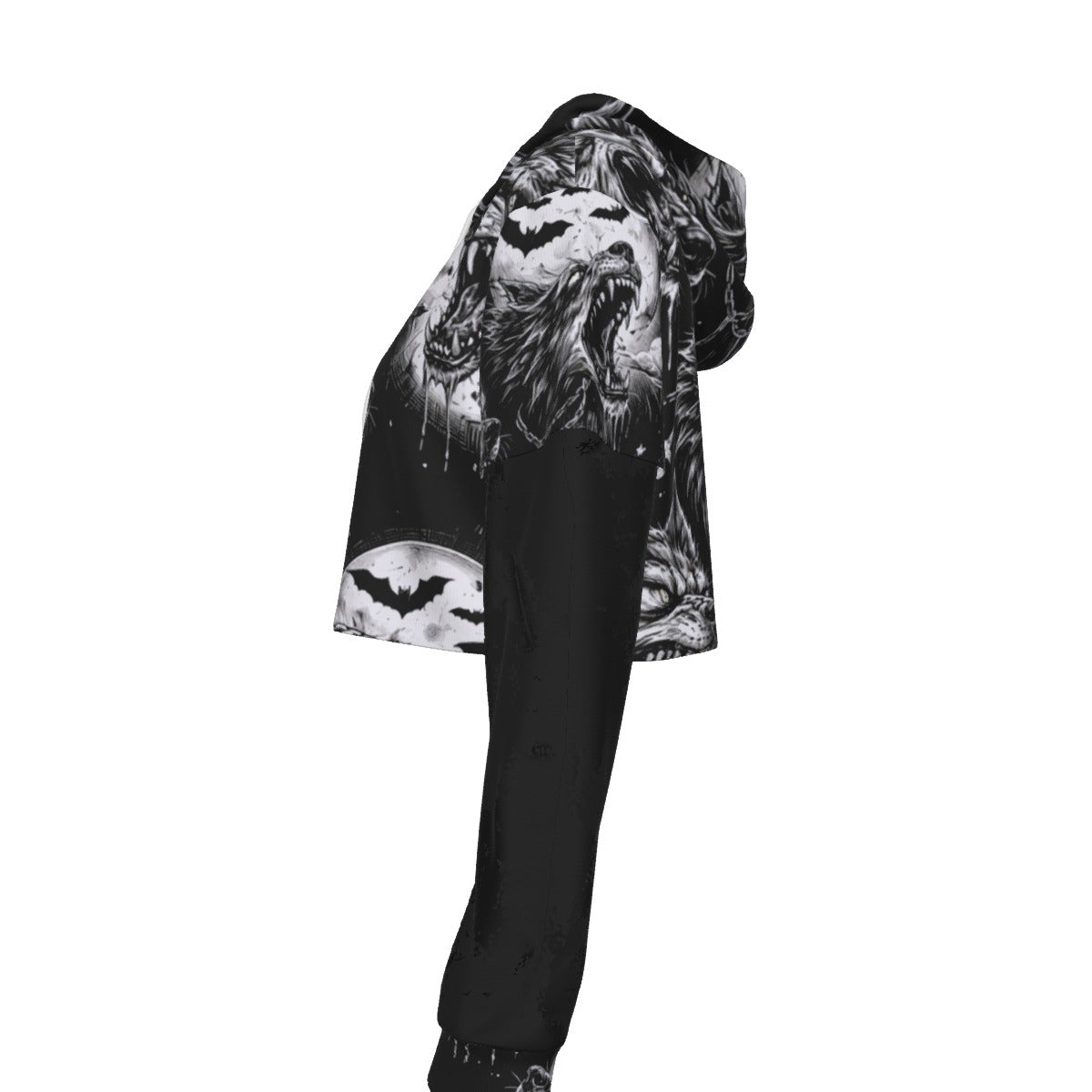 Cursed Wolves Gothic Mesh Sleeve Crop Hoodie