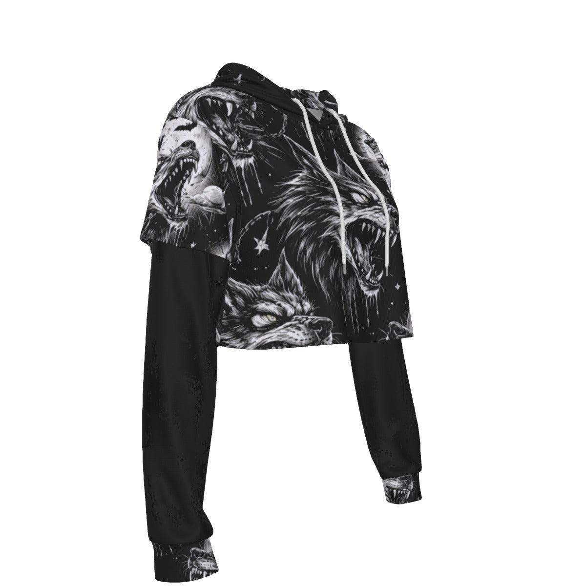 Cursed Wolves Gothic Mesh Sleeve Crop Hoodie