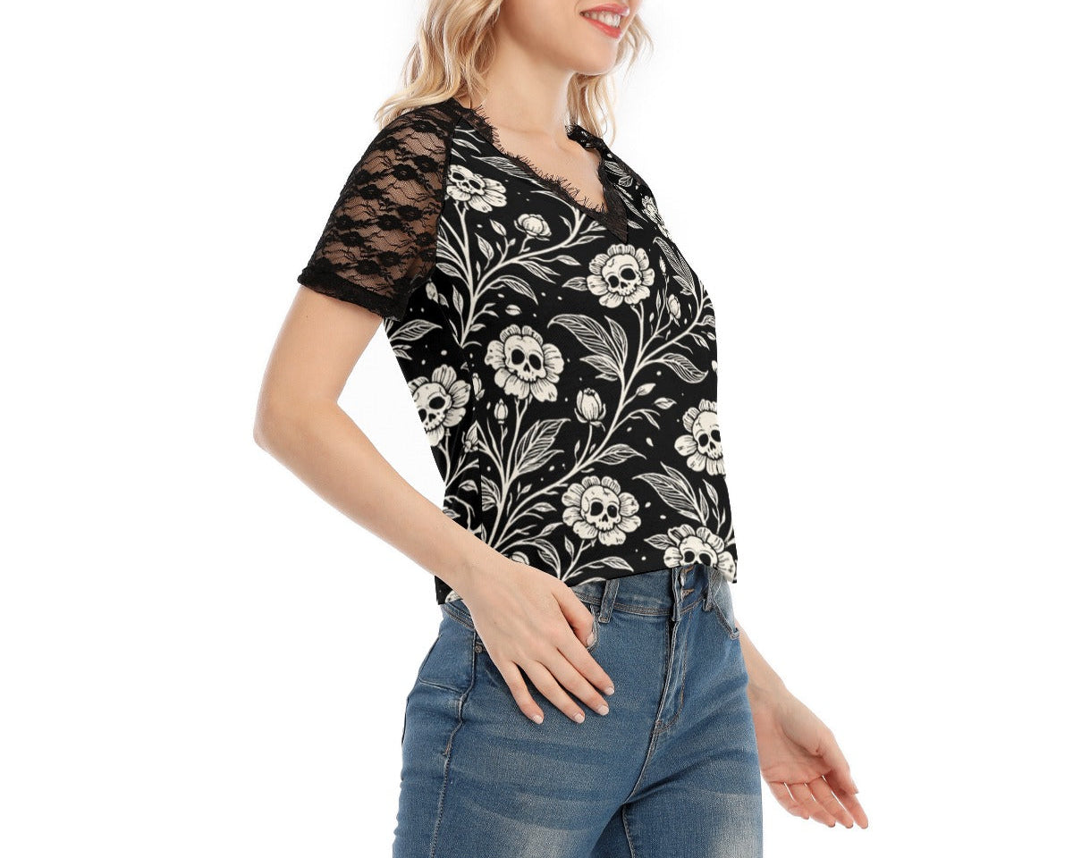 Dark Garden Skull Lace V-Neck