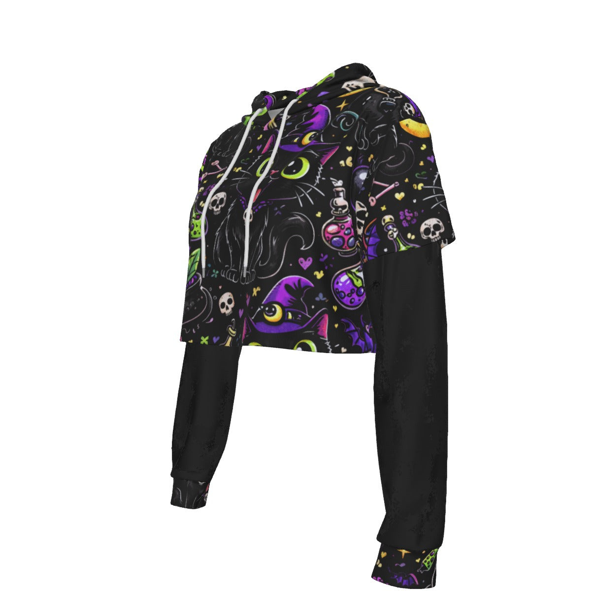 Hex Kitty Gothic Mesh Sleeve Crop Hoodie