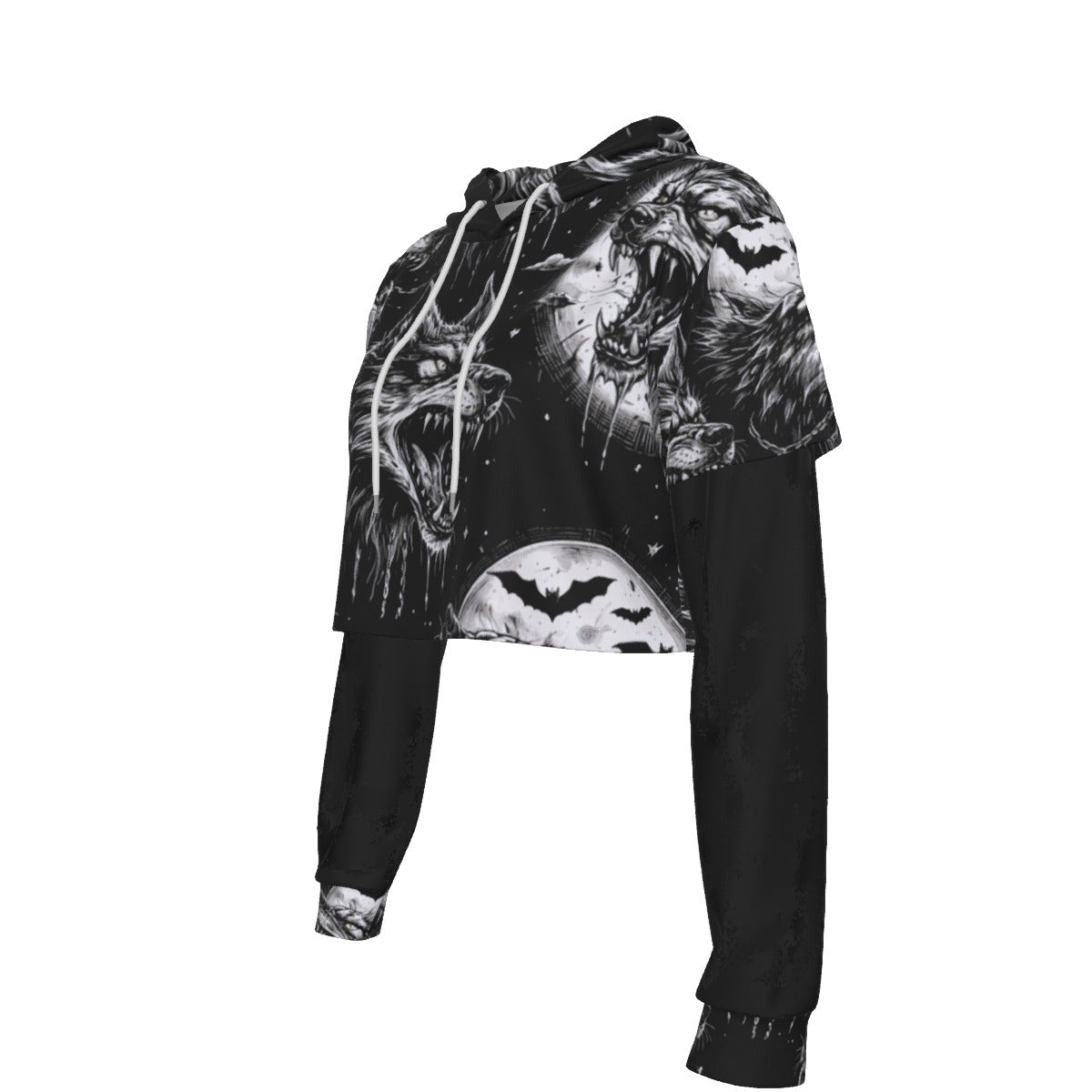 Cursed Wolves Gothic Mesh Sleeve Crop Hoodie